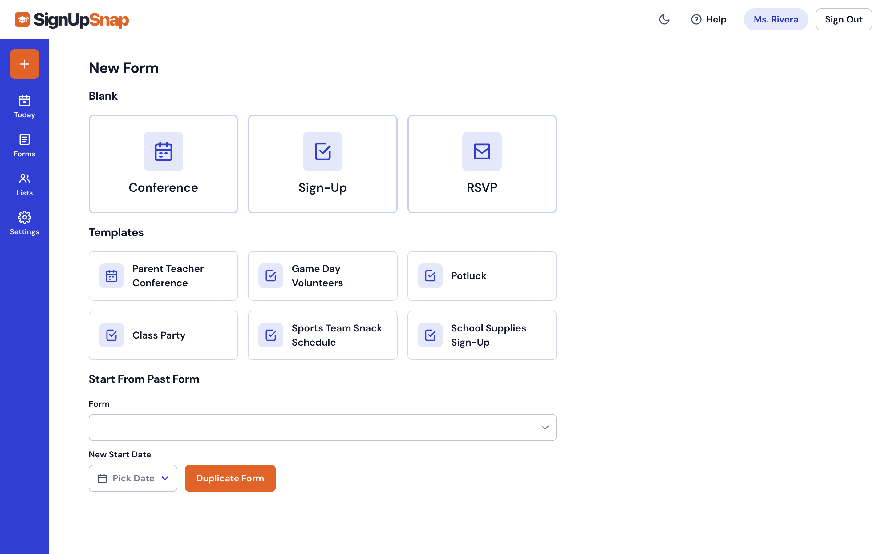 New Form page with Blank forms, Templates and Start From Past Form