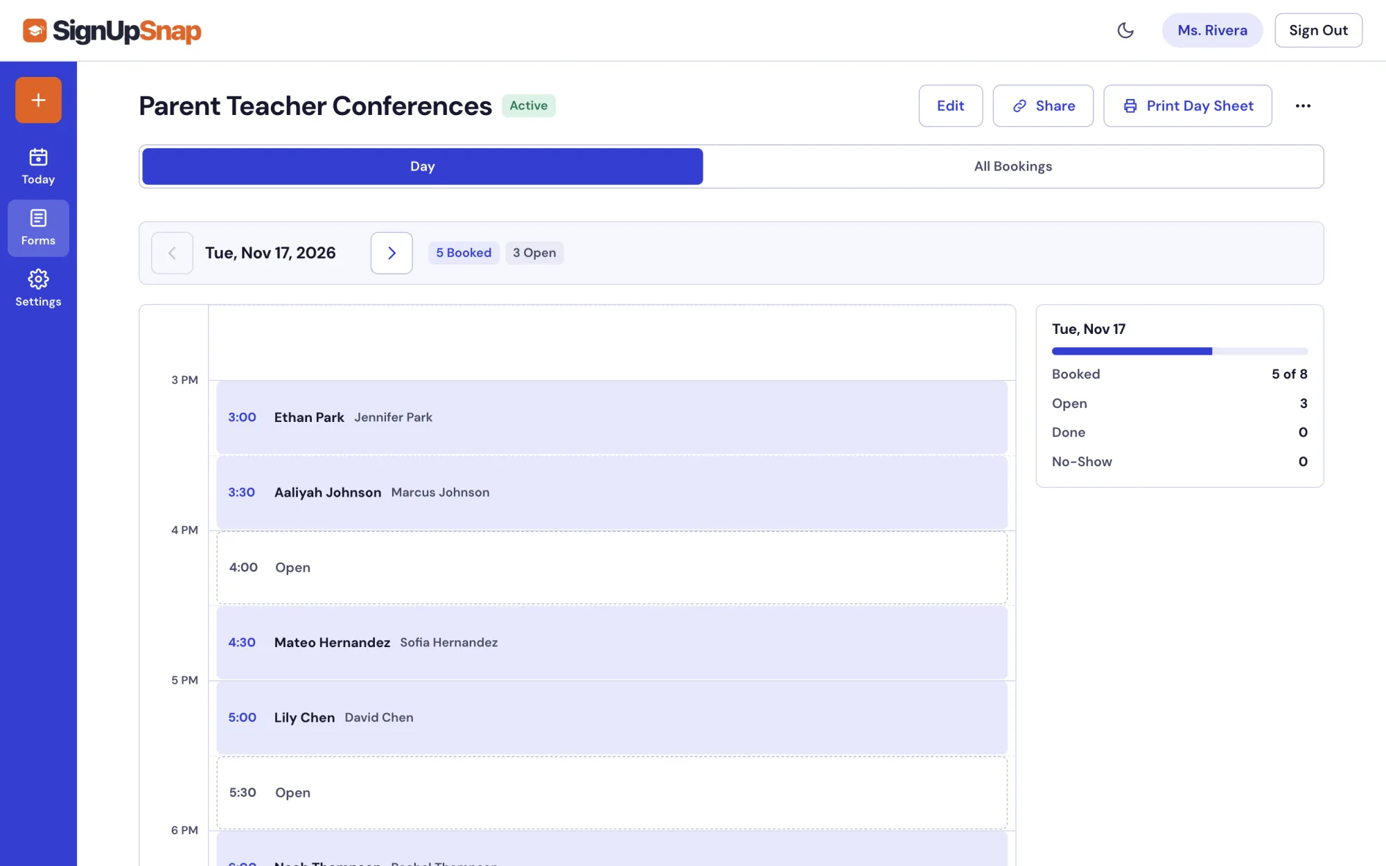 Conference day view with booked and open times on Tuesday, November 17