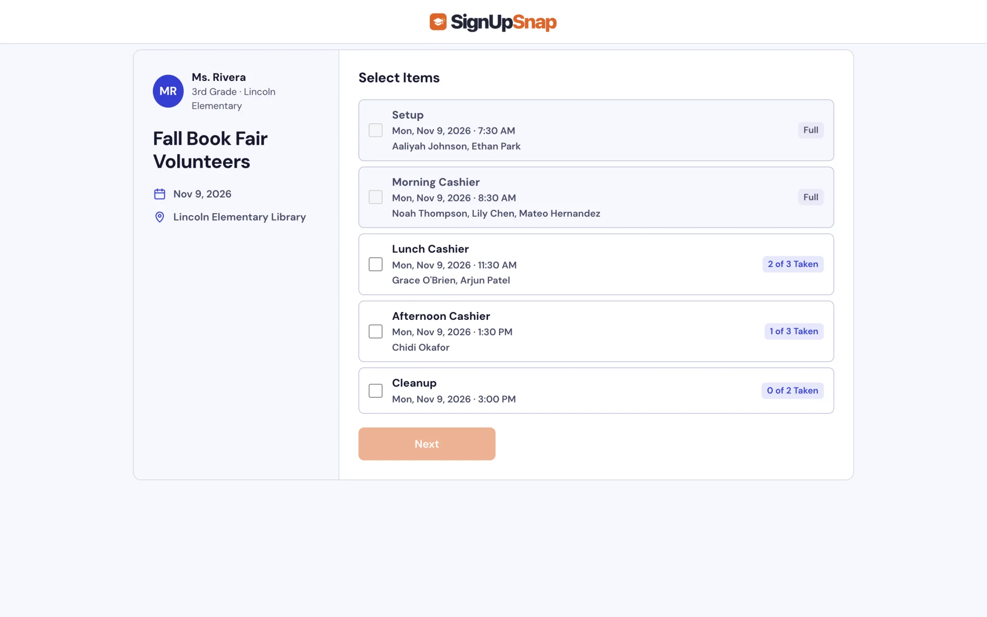 Book fair volunteer sign up sheet with spots taken on each shift
